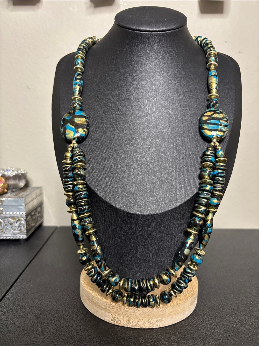 Acrylic Boho Chunky Turquoise & Gold Beaded Statement Necklace